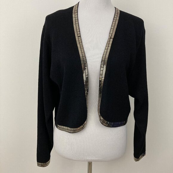 NWT Vintage St. John Marie Gray Black Embellished Santana Knit Cardigan Size 10 - Picture 1 of 10